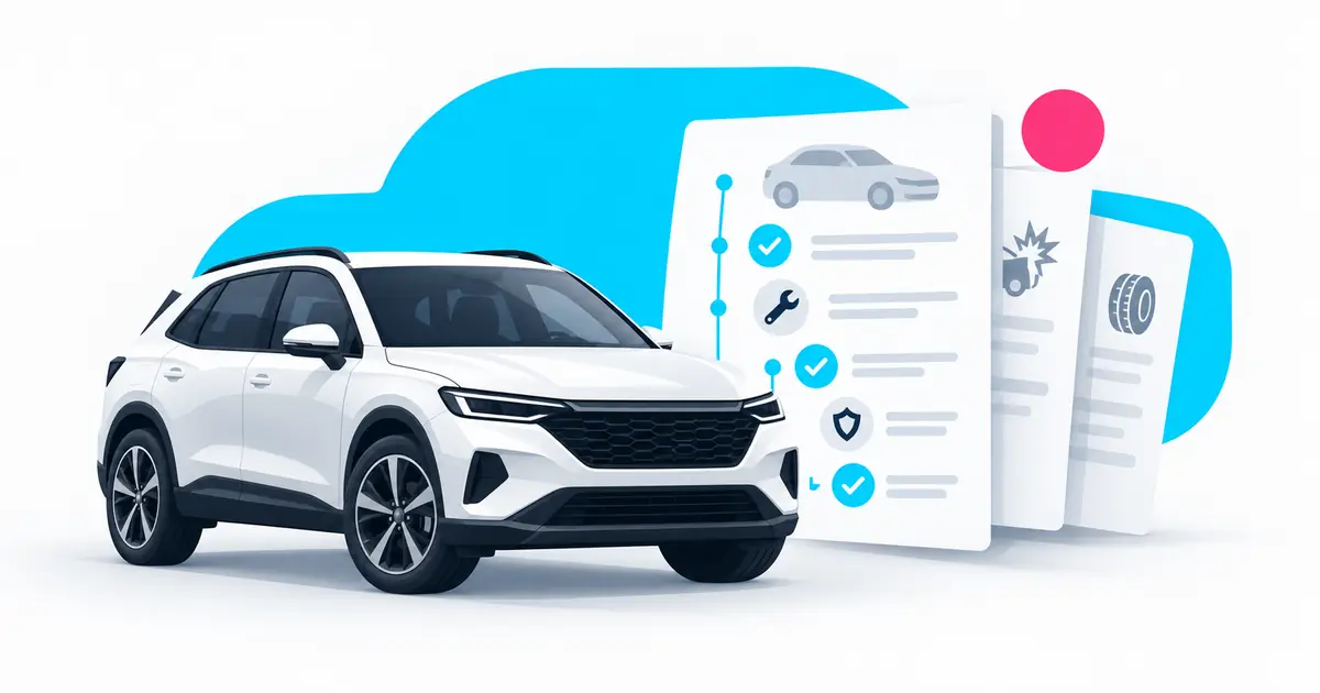 A buyer compares a vehicle history report with a used car before an inspection.