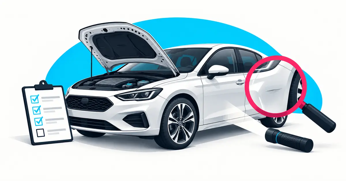 A mechanic inspects a used car with the hood open and a checklist before purchase.