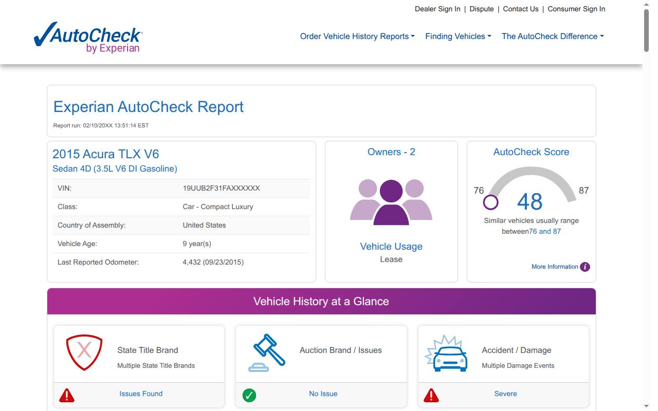 AutoCheck sample vehicle history report