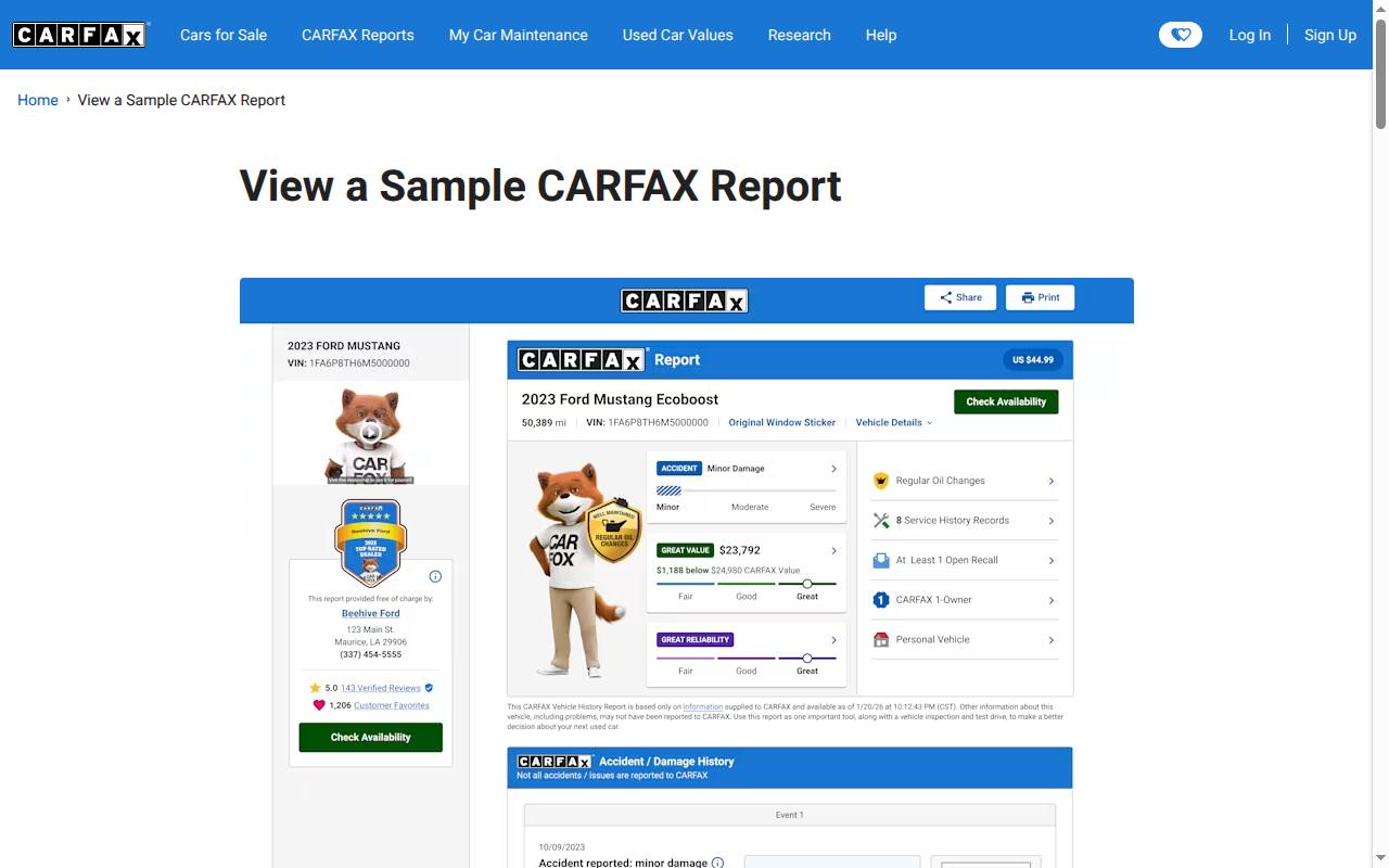 CARFAX sample vehicle history report