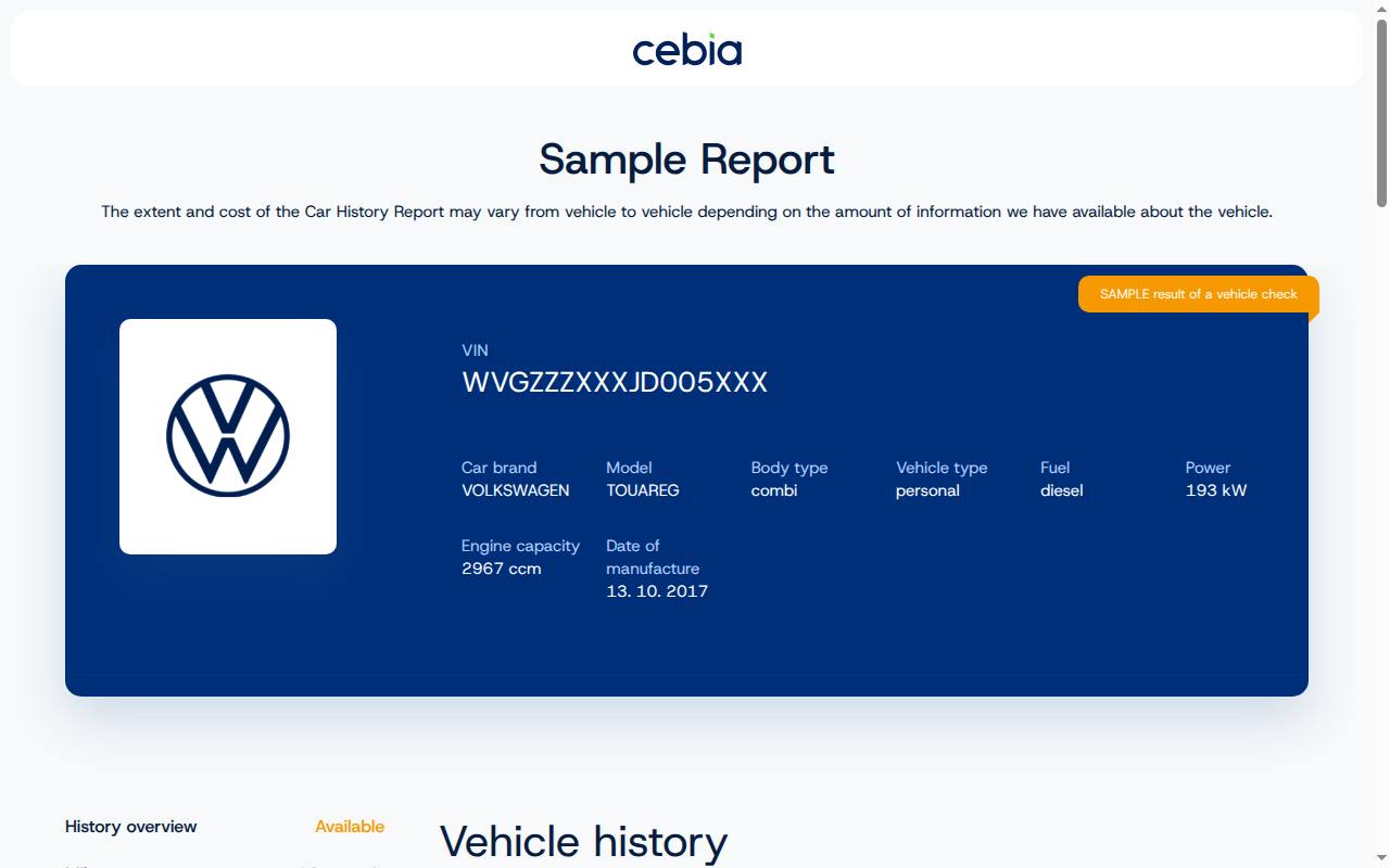 Cebia sample vehicle history report