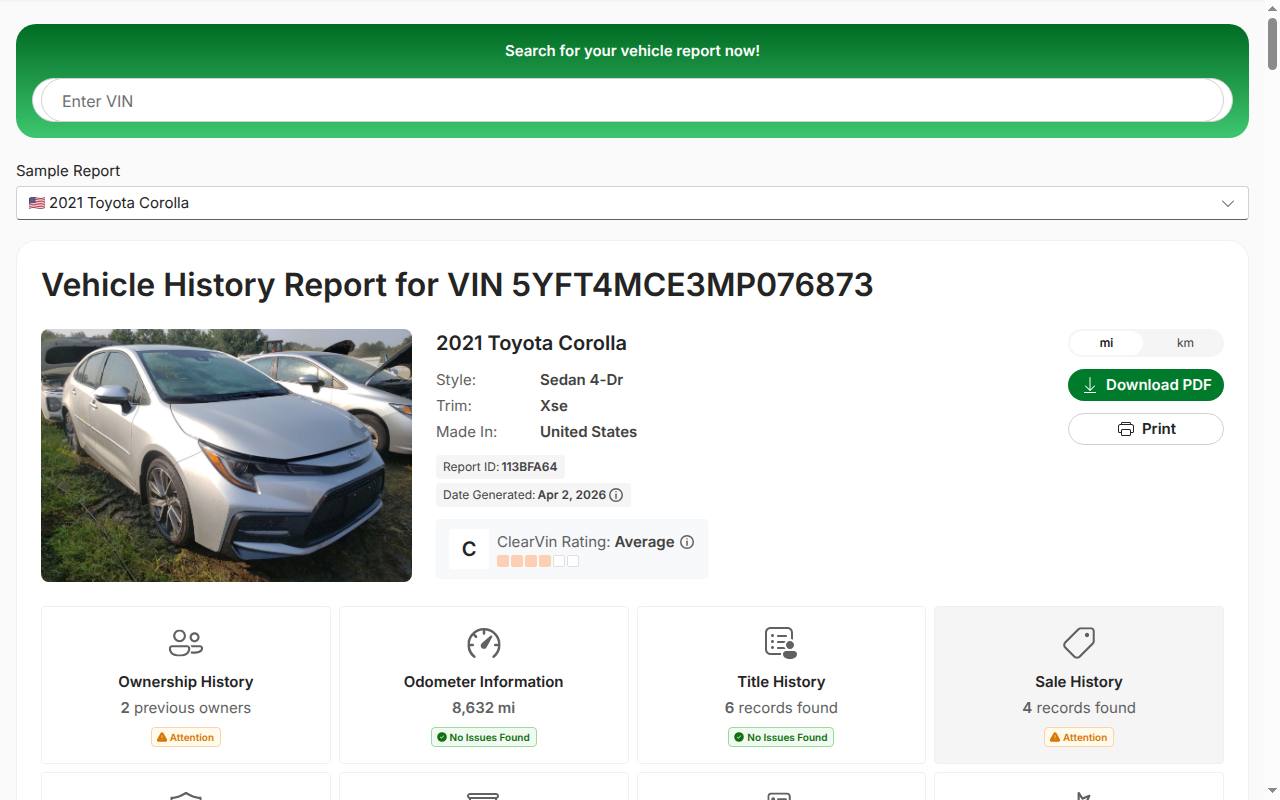 ClearVIN sample vehicle history report