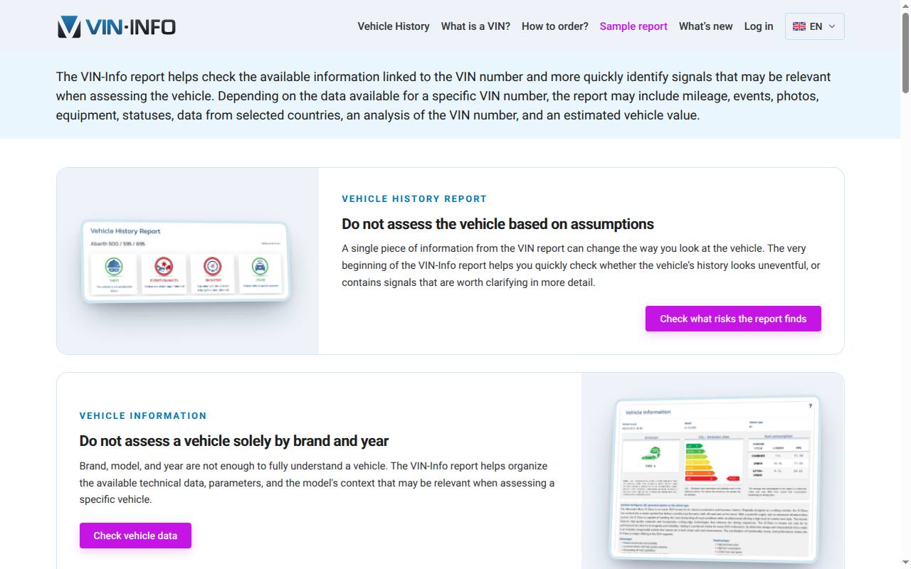VIN-Info sample vehicle history report