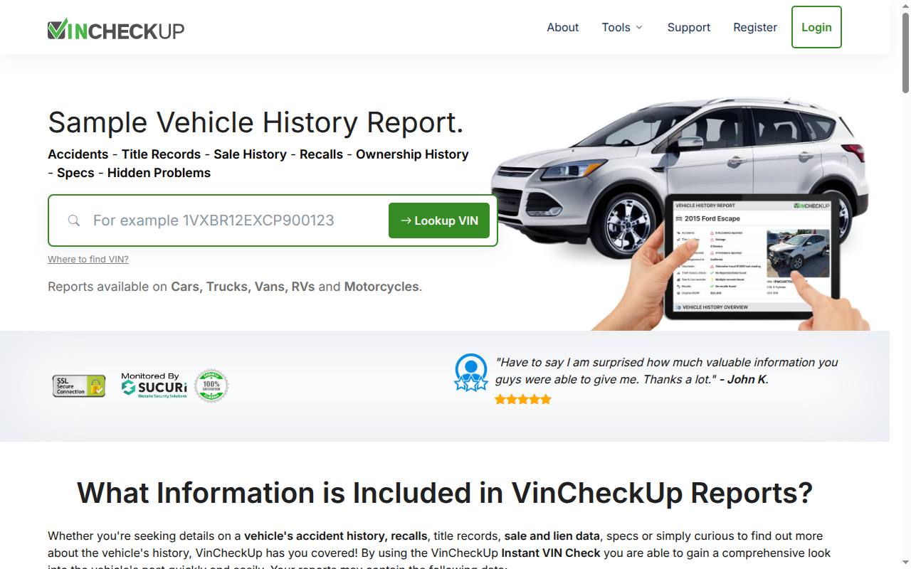 VINCheckUp sample vehicle history report
