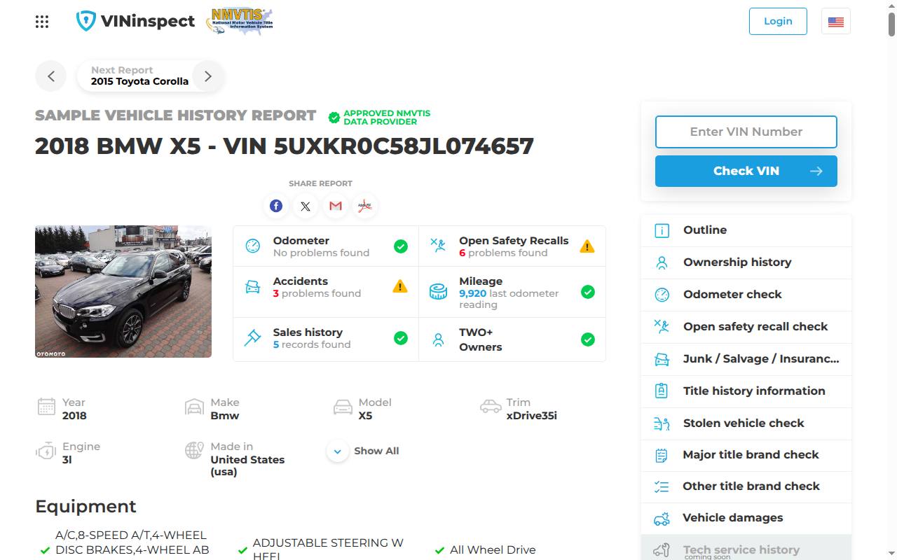 VINinspect sample vehicle history report